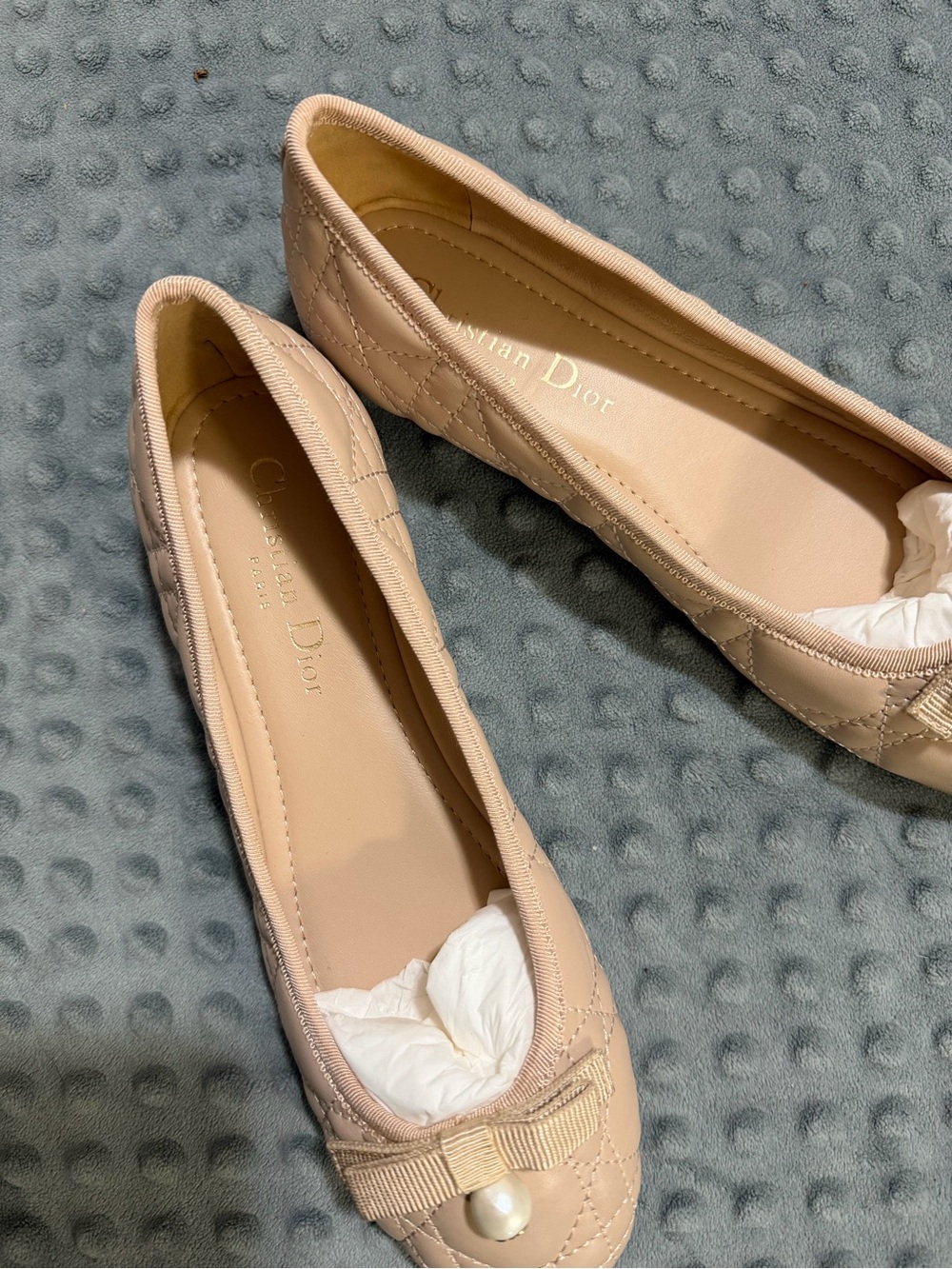 Dior Nude Quilted Ballet Flats with Pearl Bow Accent